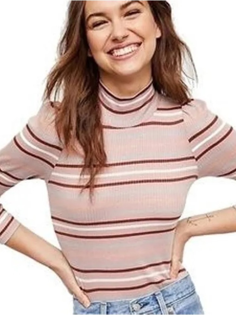 FREE PEOPLE Ribbed Mock Neck Striped Top Size Small